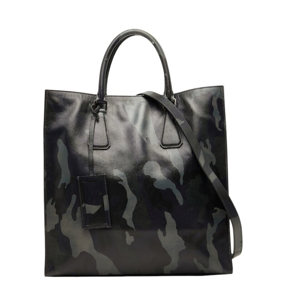 Prada Triangle Plate Camouflage 2way Shoulder Bag Gray Purple Black Leather